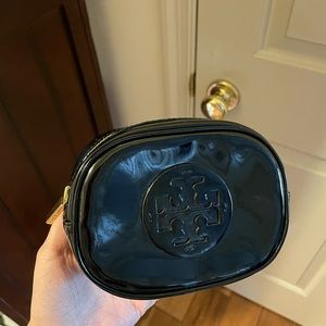 Tory Burch Black and Gold Small Patent Leather Cosmetic Bag